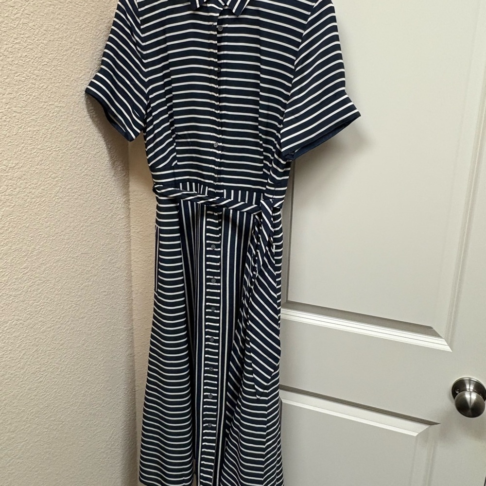 J Crew Silk Navy Striped Midi Dress
